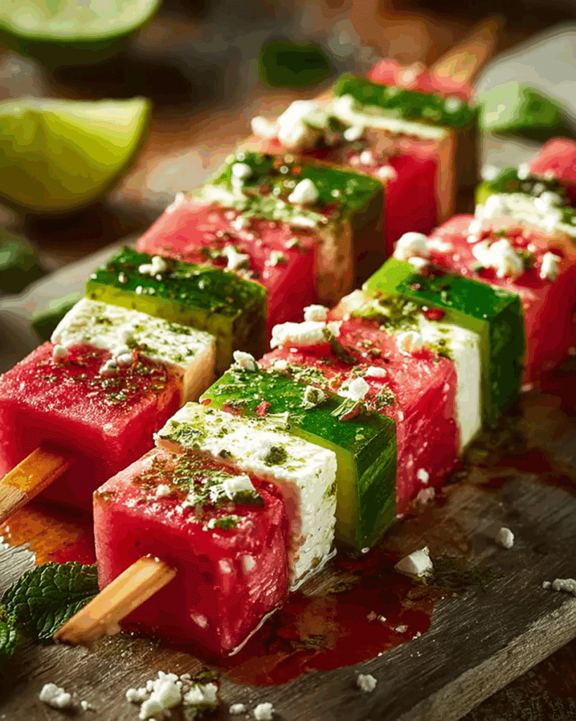 Watermelon-Cucumber-Feta Skewers with Tajín-Lime Splash