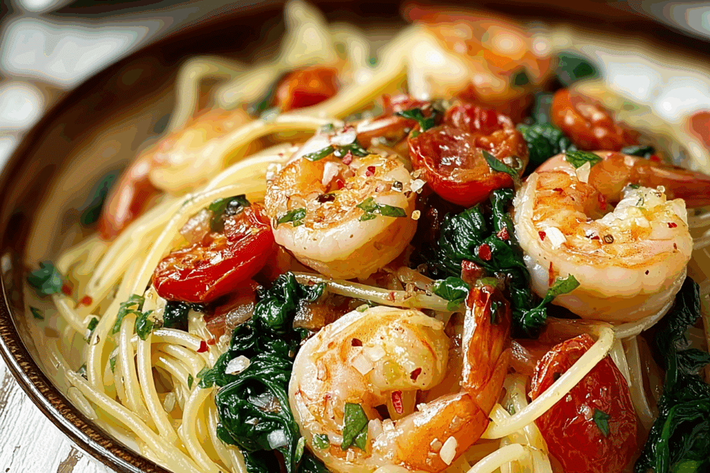 Shrimp Tomato Spinach Pasta in Garlic Butter Sauce