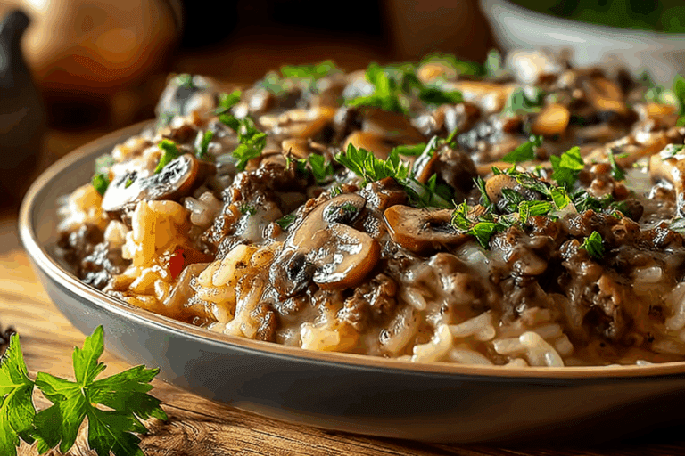 Creamy Beef & Mushroom Rice Bake