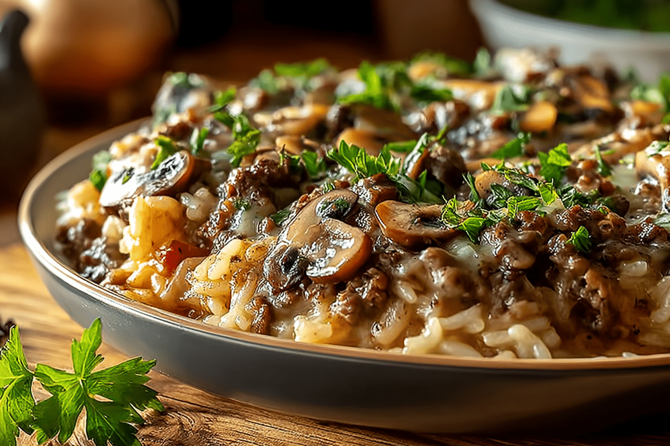 Creamy Beef & Mushroom Rice Bake