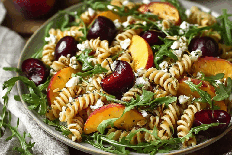 SUMMER PASTA SALAD with Peaches, Cherries, Arugula, Feta, and Honey-Lemon Salad Dressing