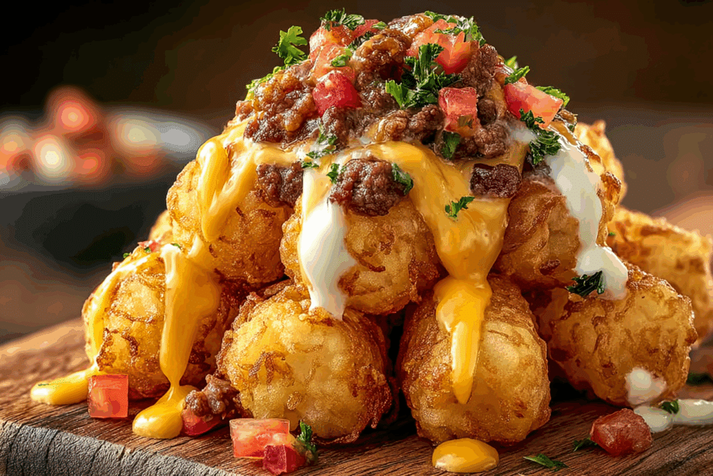 Cheeseburger Stuffed Tater Tot Cones with Colossal Cheese Volcano