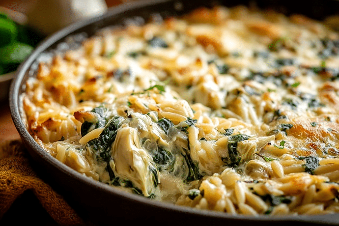 One Pan Creamy Spinach and Artichoke Orzo Bake
