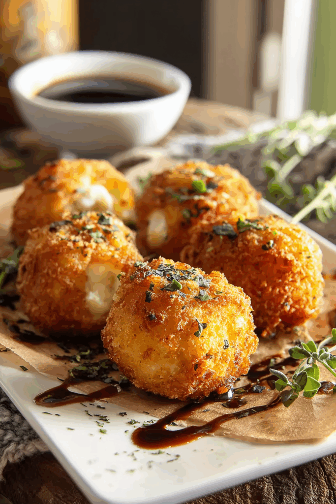 Smoked Gouda Fritters with Balsamic Honey Mustard Dipping Sauce