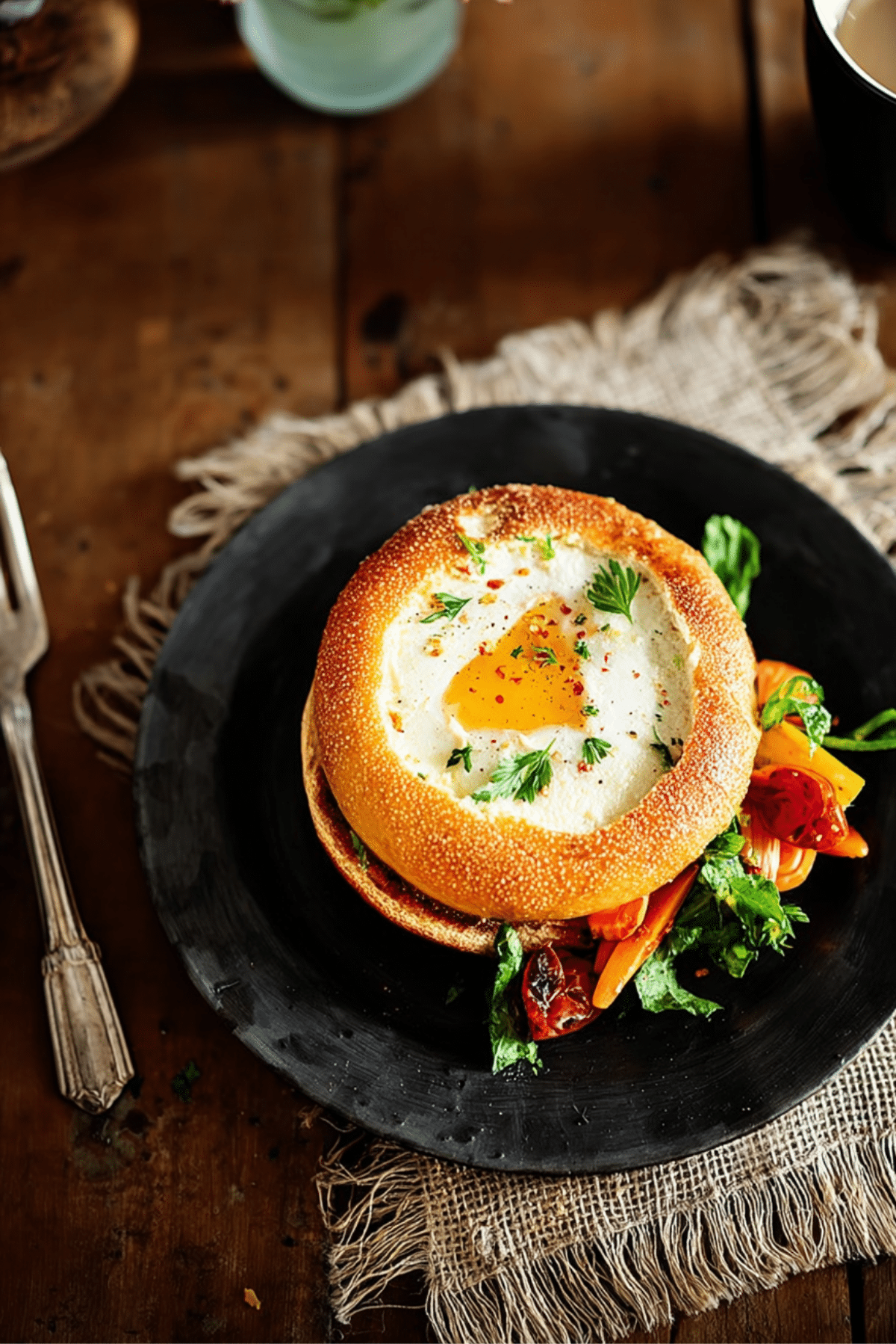 Bagel egg in a hole with hummus and roasted veggies