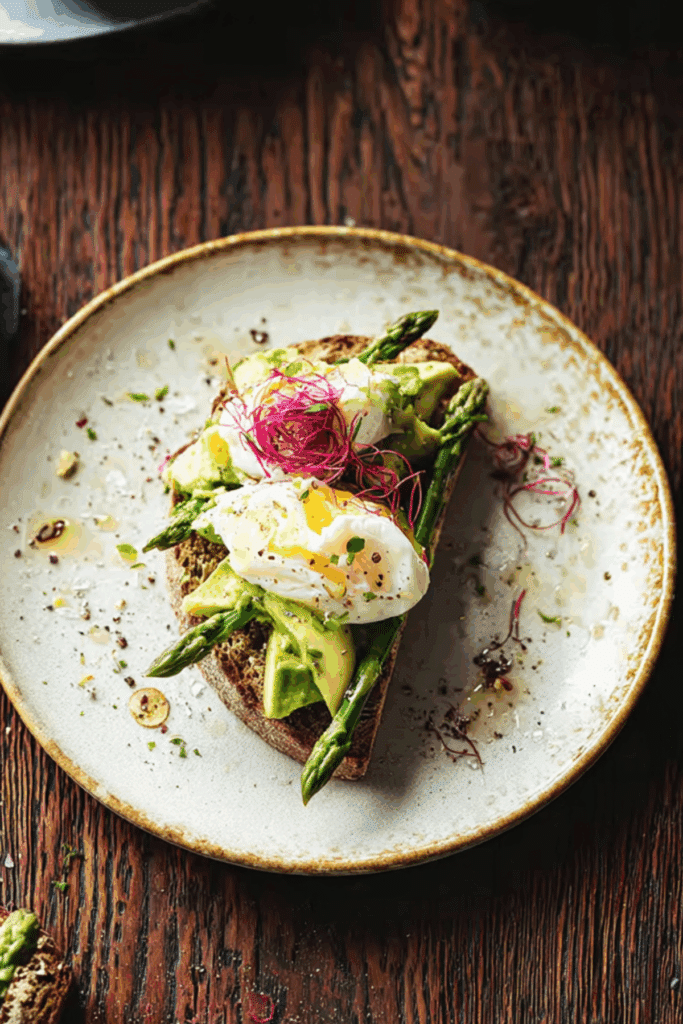 Asparagus avocado toast with poached eggs
