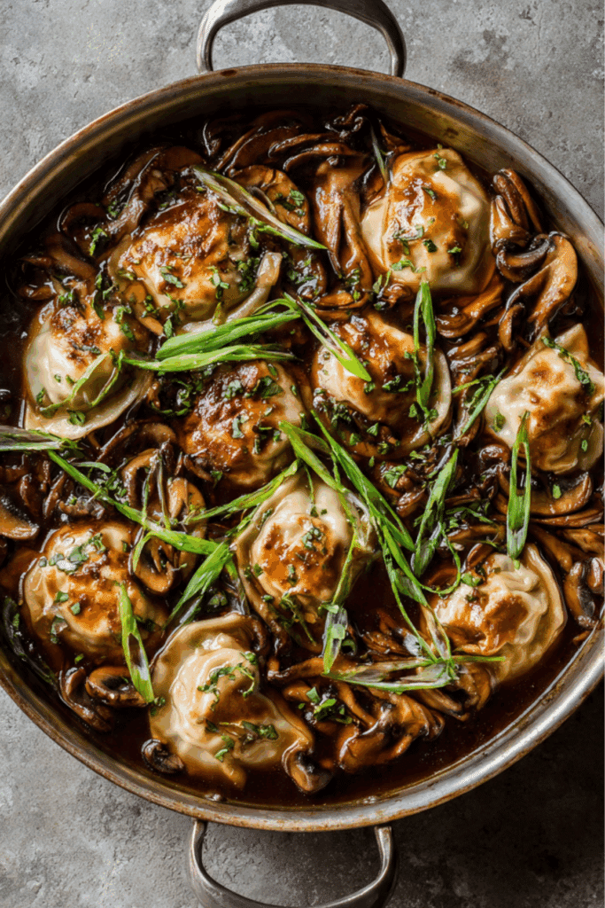 One-Skillet Soy Shiitakes with Dumplings
