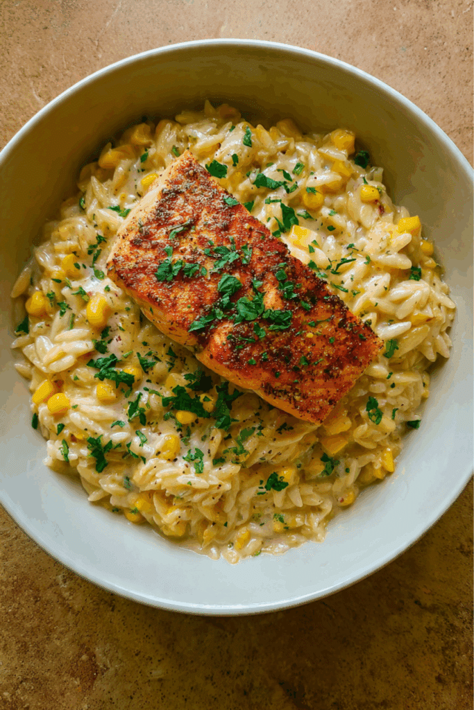 Creamed Corn Orzo with Salmon