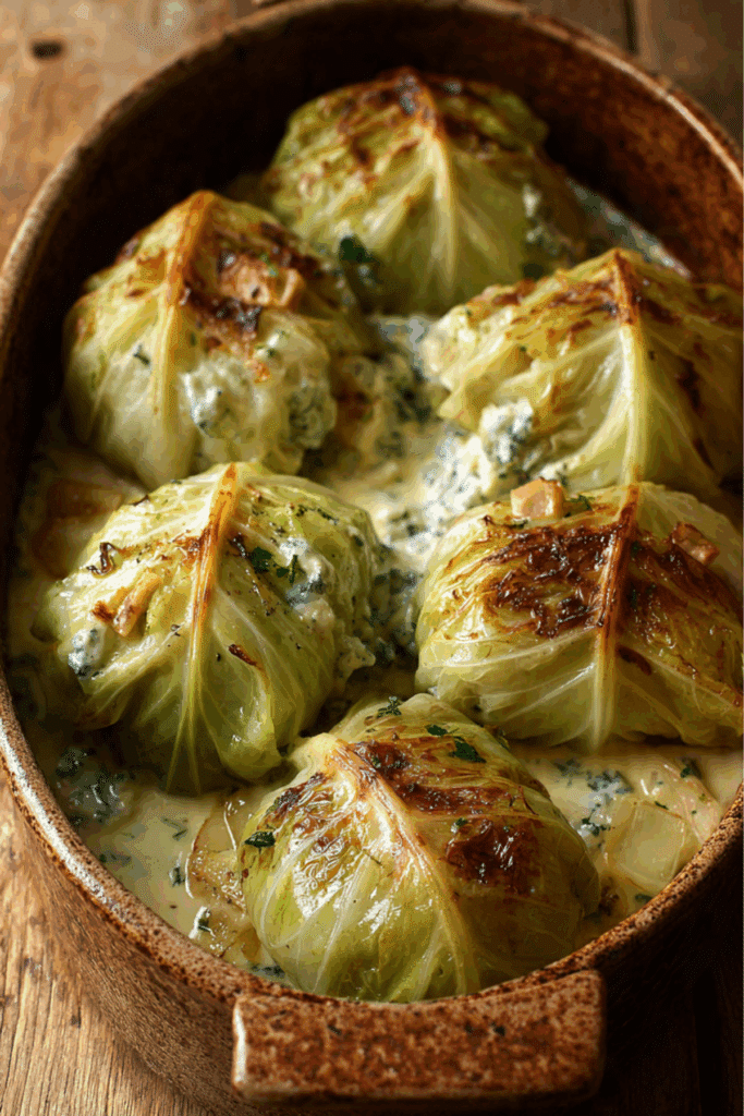 Potato, chicory and pear stuffed cabbage with gorgonzola sauce