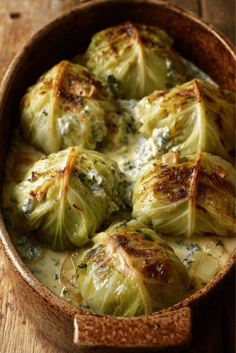 Potato, chicory and pear stuffed cabbage with gorgonzola sauce
