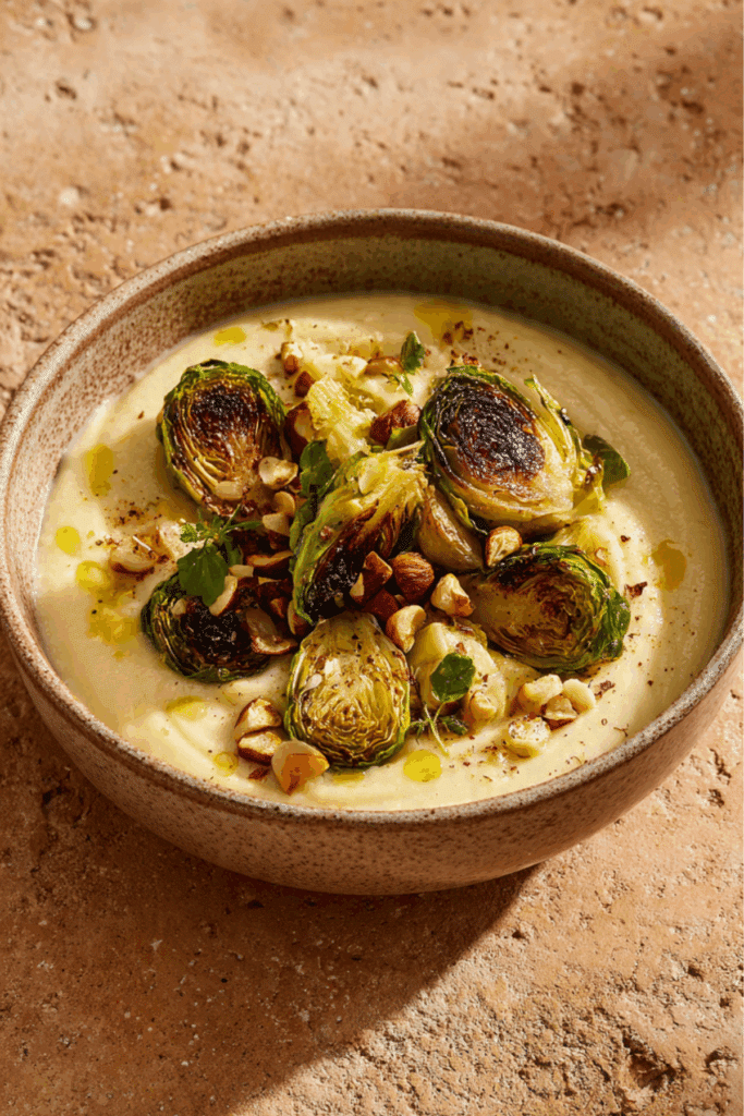 Roasted Cauliflower Apple Soup with Crispy Brussels Sprouts and Hazelnuts