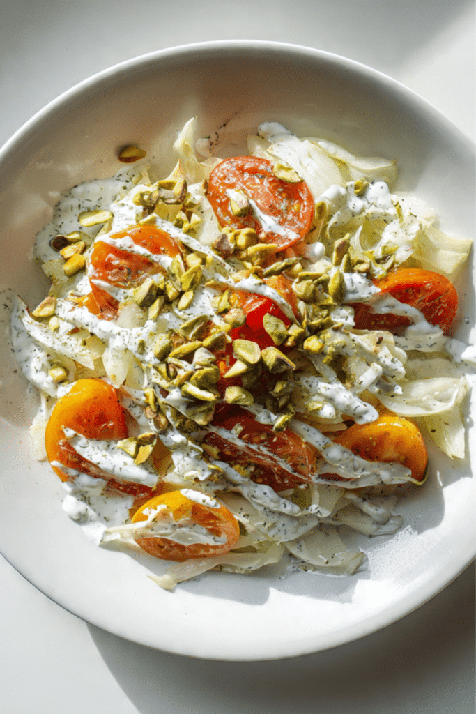 Shaved Fennel, Roasted Tomato & Pistachio Salad with Yogurt Dressing