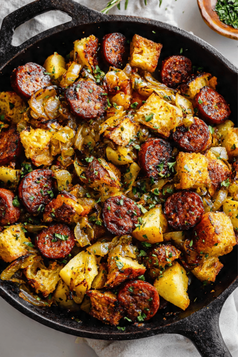 Bread, Sausage, and Apple Hash
