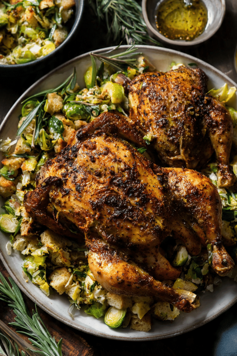 Roasted Cornish Hens with Brussels Sprout Panzanella