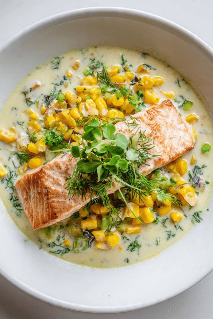 Coconut-Poached Salmon with Corn and Dill
