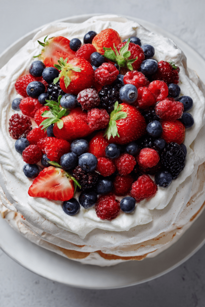 Double-Decker Meringue Cake with Summer Berries
