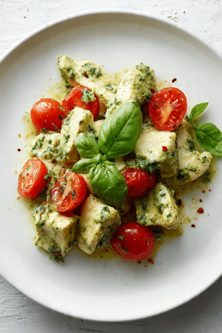 Creamy pesto chicken with cherry tomatoes and basil