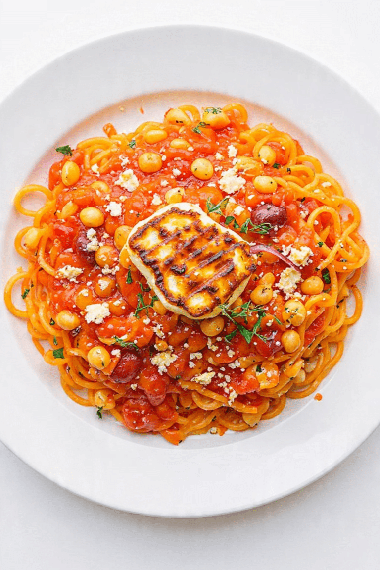 Tomato, Harissa and Chickpea Pasta with Charred Hot Honey Feta