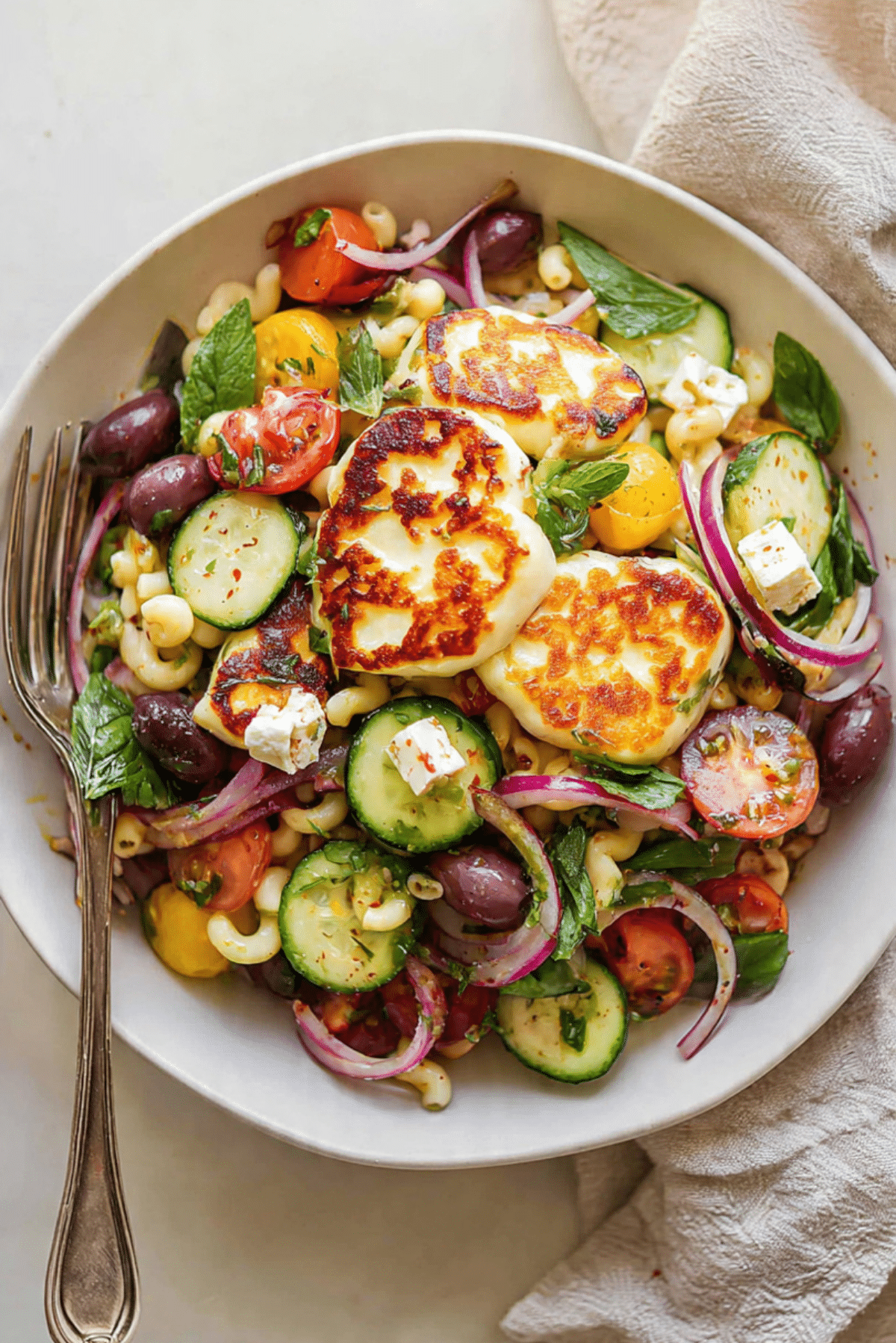 Mediterranean pasta salad with golden halloumi