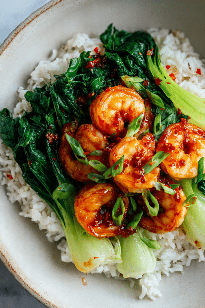 Sweet Chilli Prawns with Asian Greens and Rice