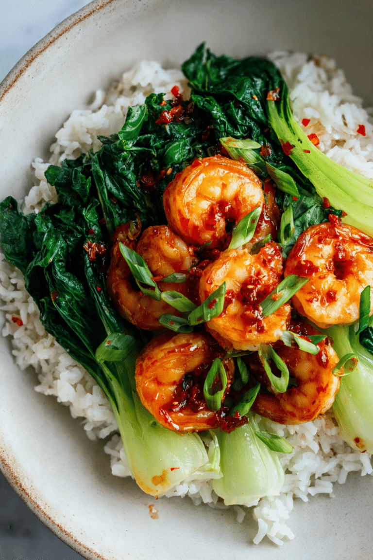 Sweet Chilli Prawns with Asian Greens and Rice