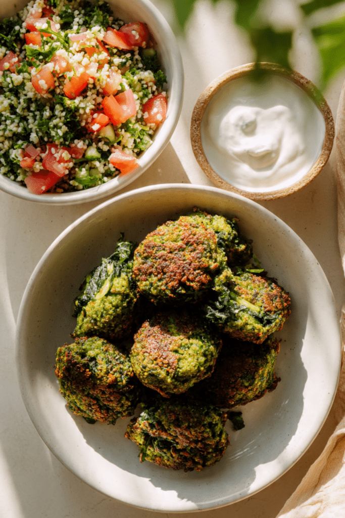 Spinach Falafels and Tabbouleh