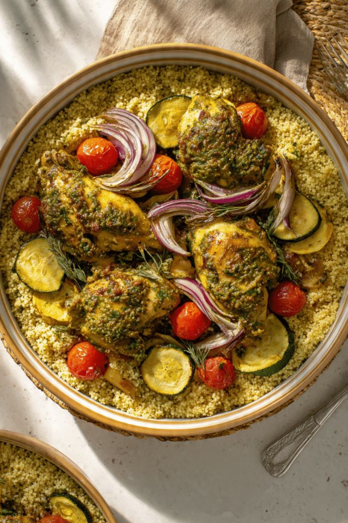 Green harissa chicken with baked couscous