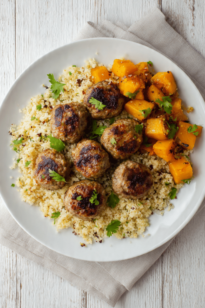 Roast lamb koftas with pumpkin and crisp couscous