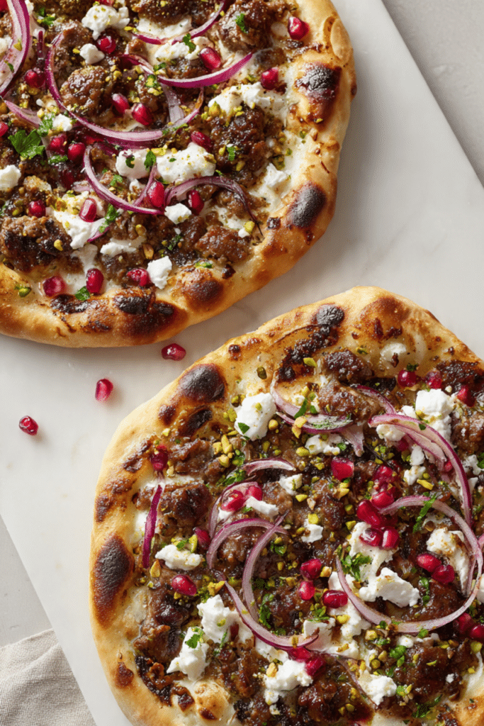 Lamb and Pistachio Pizzas with Pomegranate Molasses