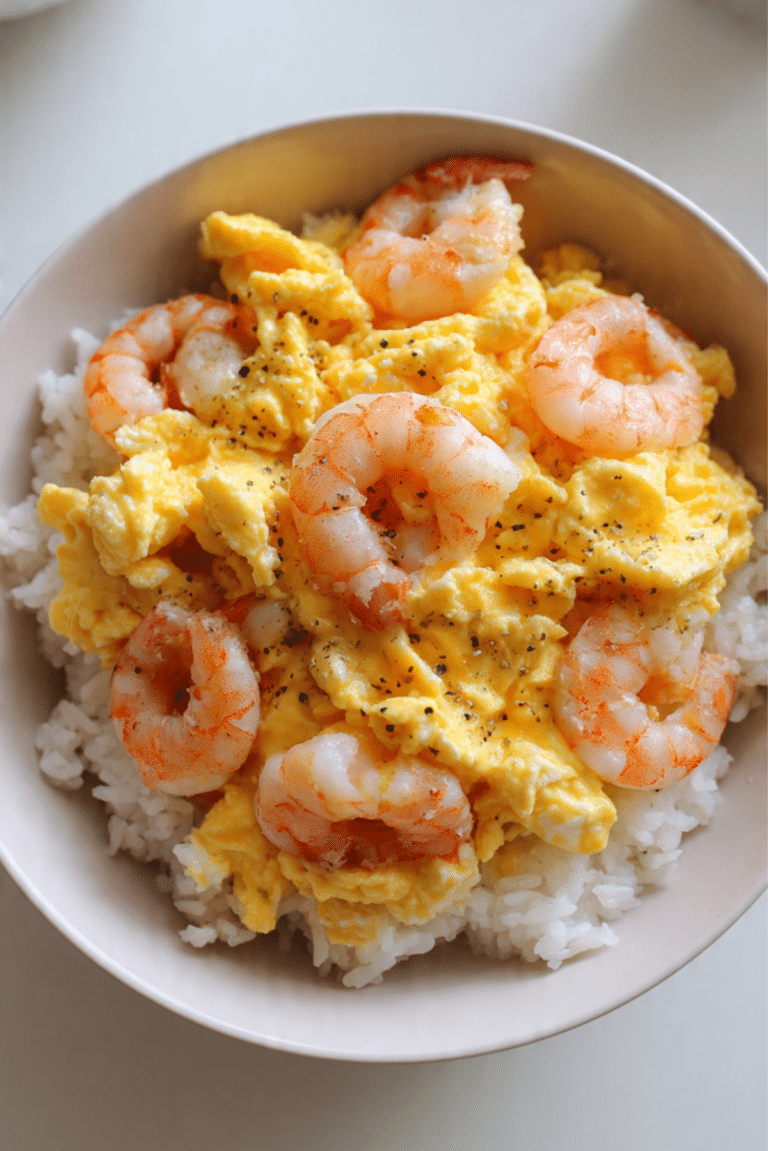 Cheesy Scrambled Eggs with Prawns on Rice