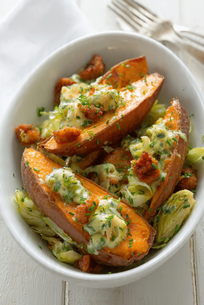 Creamy leeks and chorizo sweet potatoes recipe