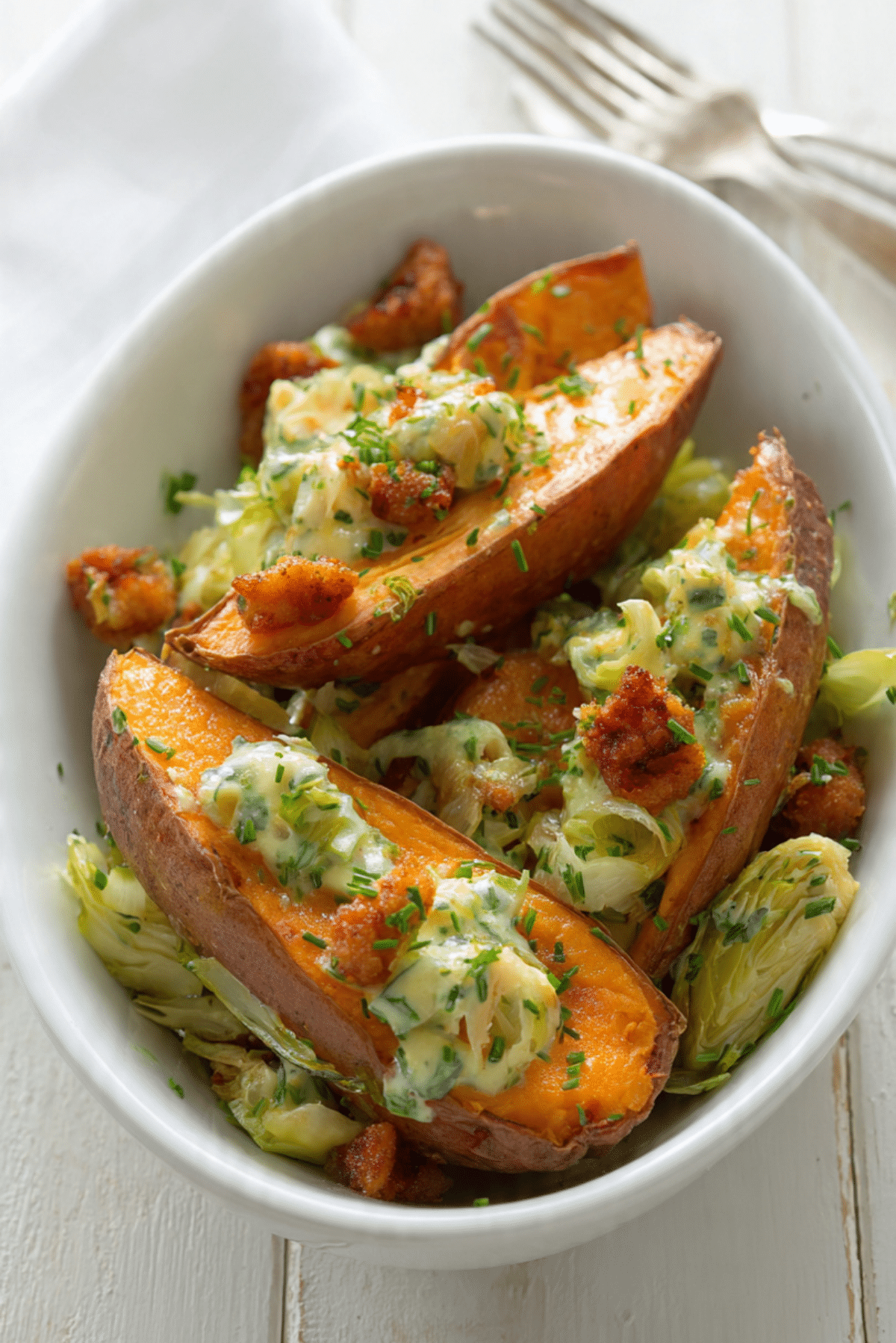 Creamy leeks and chorizo sweet potatoes recipe