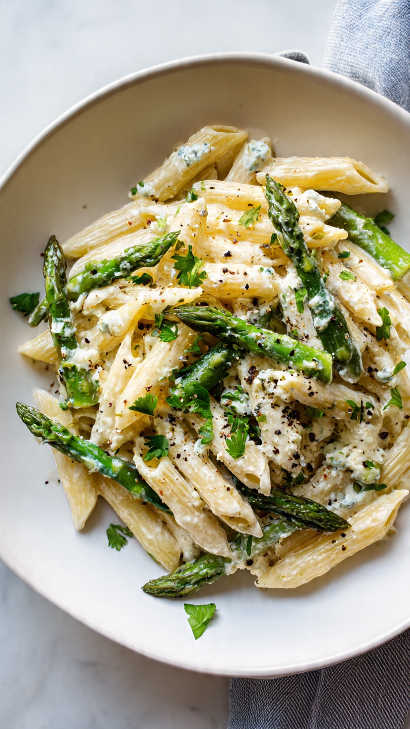 Creamy Feta Lemon Penne With Asparagus