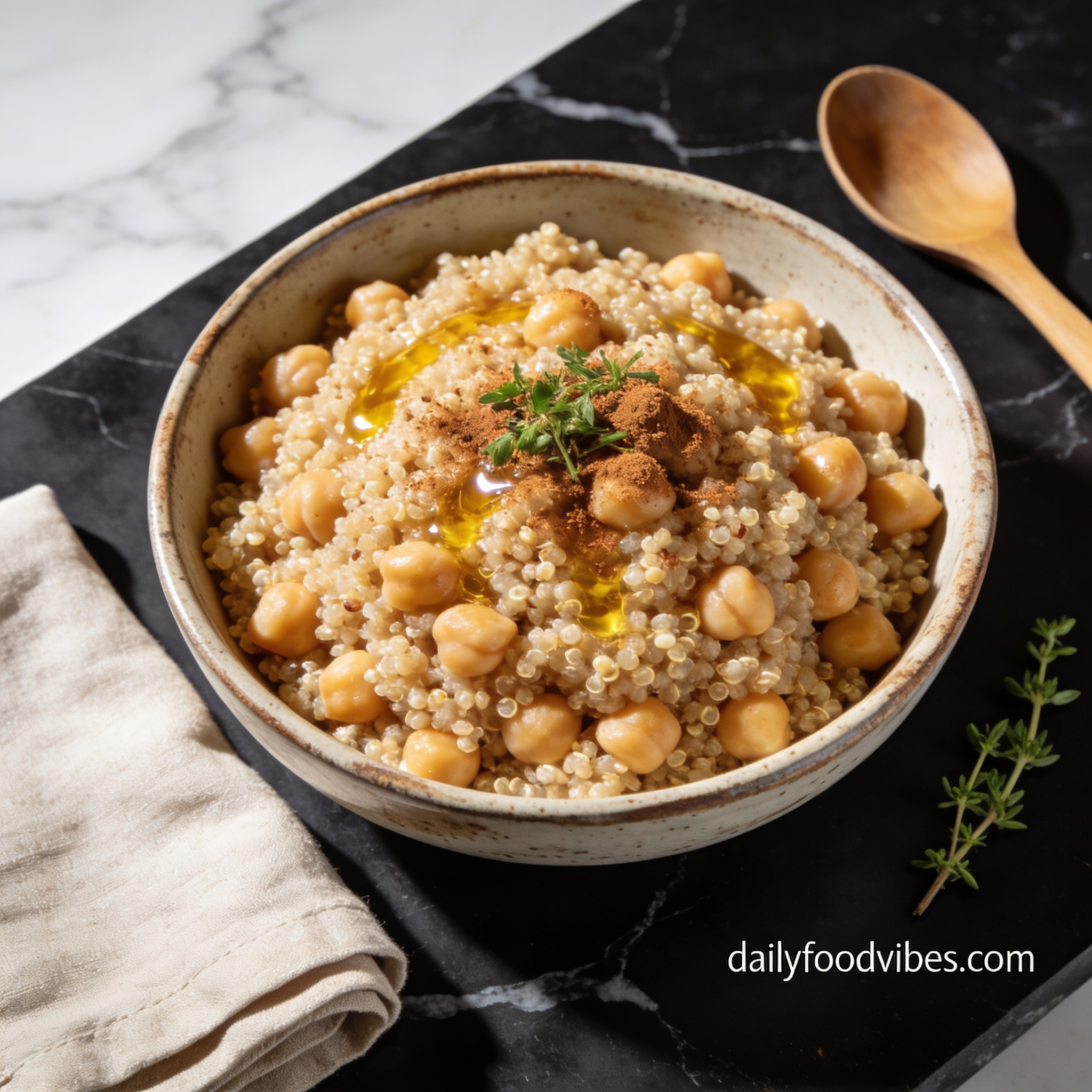 high protein chickpea and quinoa bowl with cinnamon hero shot — beautifully plated general recipe on black marble countertop