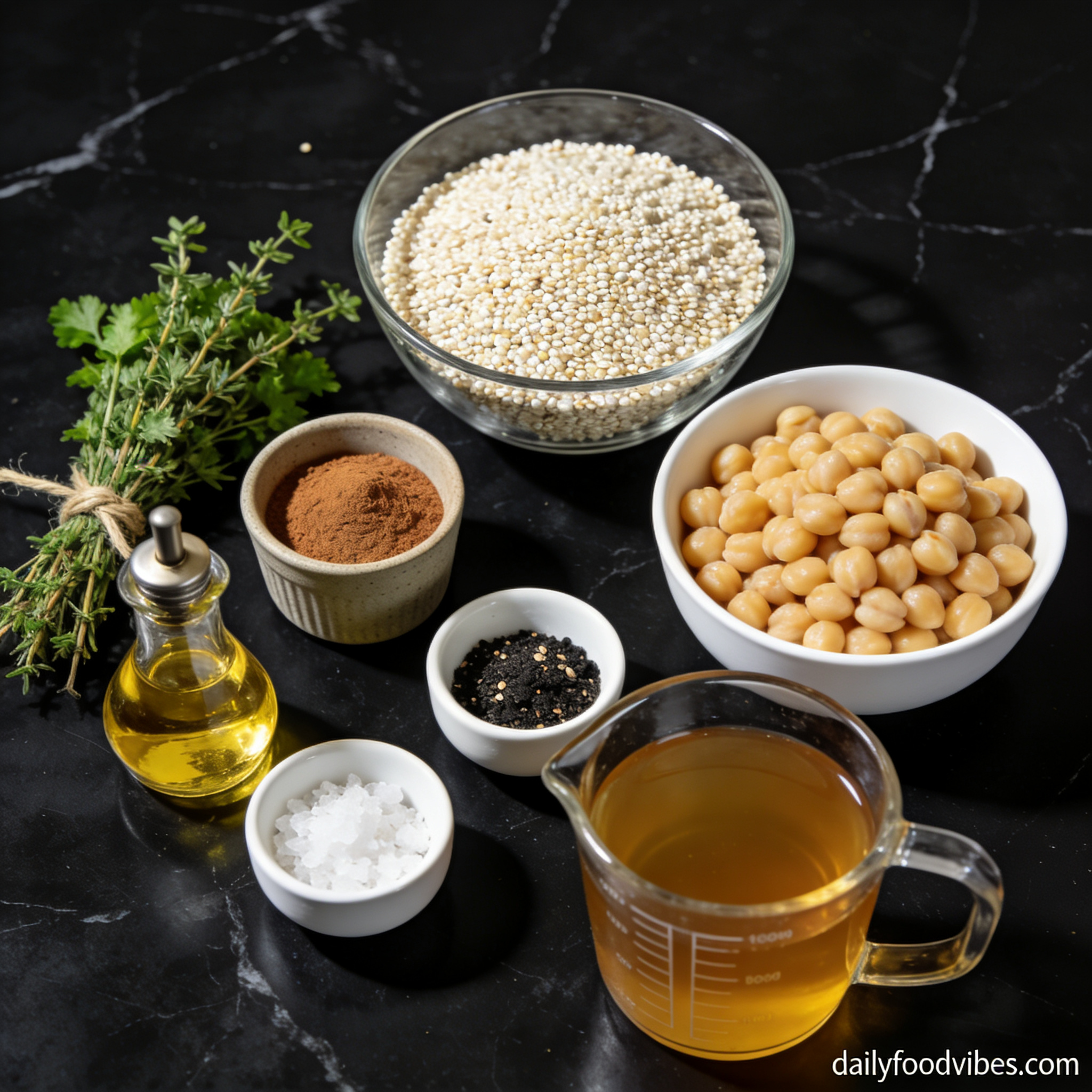 All ingredients for high protein chickpea and quinoa bowl with cinnamon arranged in proper containers on black marble