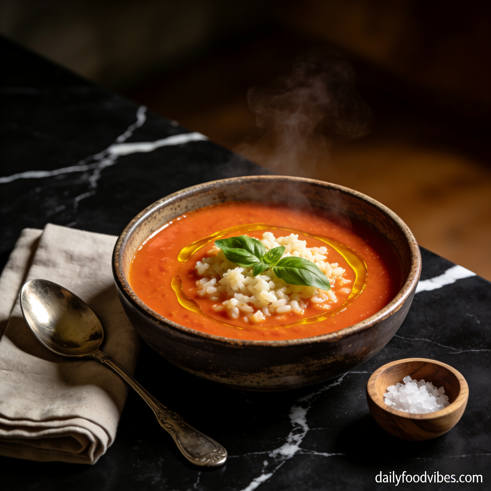 gluten free creamy tomato soup with cauliflower rice hero shot served in ceramic bowl on black marble countertop