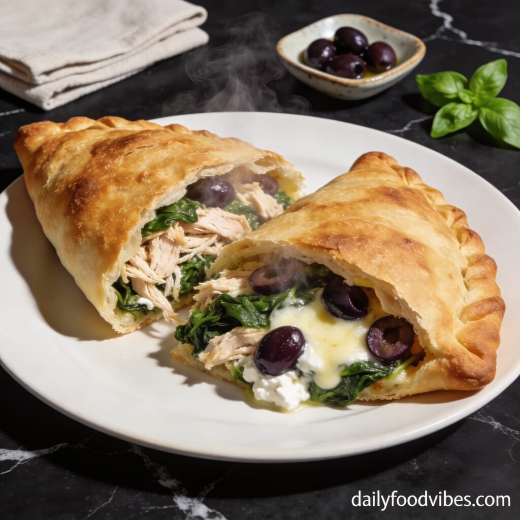 high protein chicken and spinach calzone with olives hero shot — beautifully plated general recipe on black marble countertop
