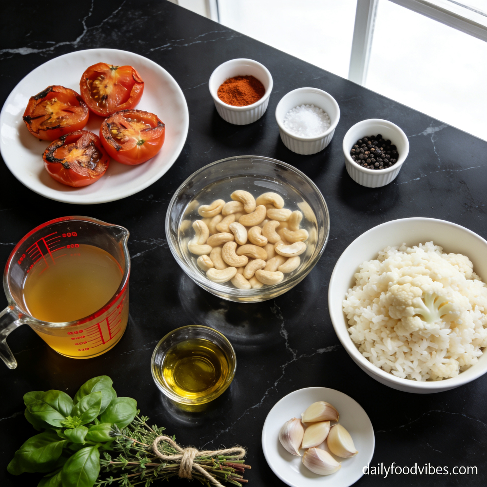 Ingredients for gluten free creamy tomato soup with cauliflower rice arranged in proper containers on black marble countertop
