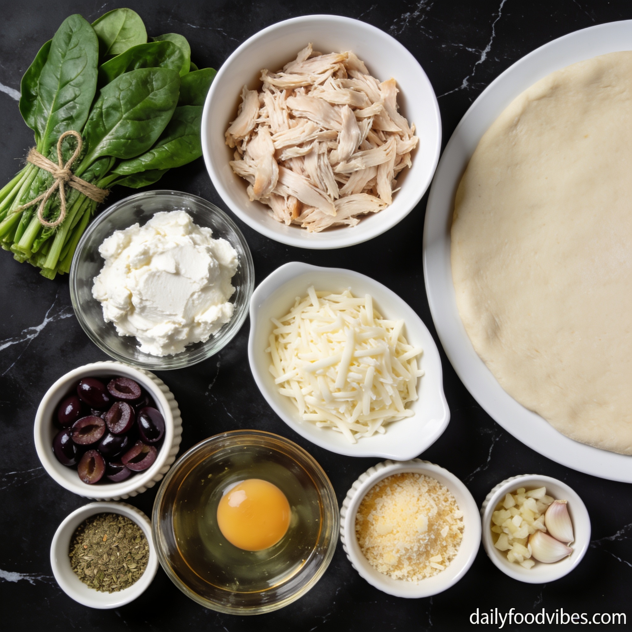 All ingredients for high protein chicken and spinach calzone with olives arranged in proper containers on black marble